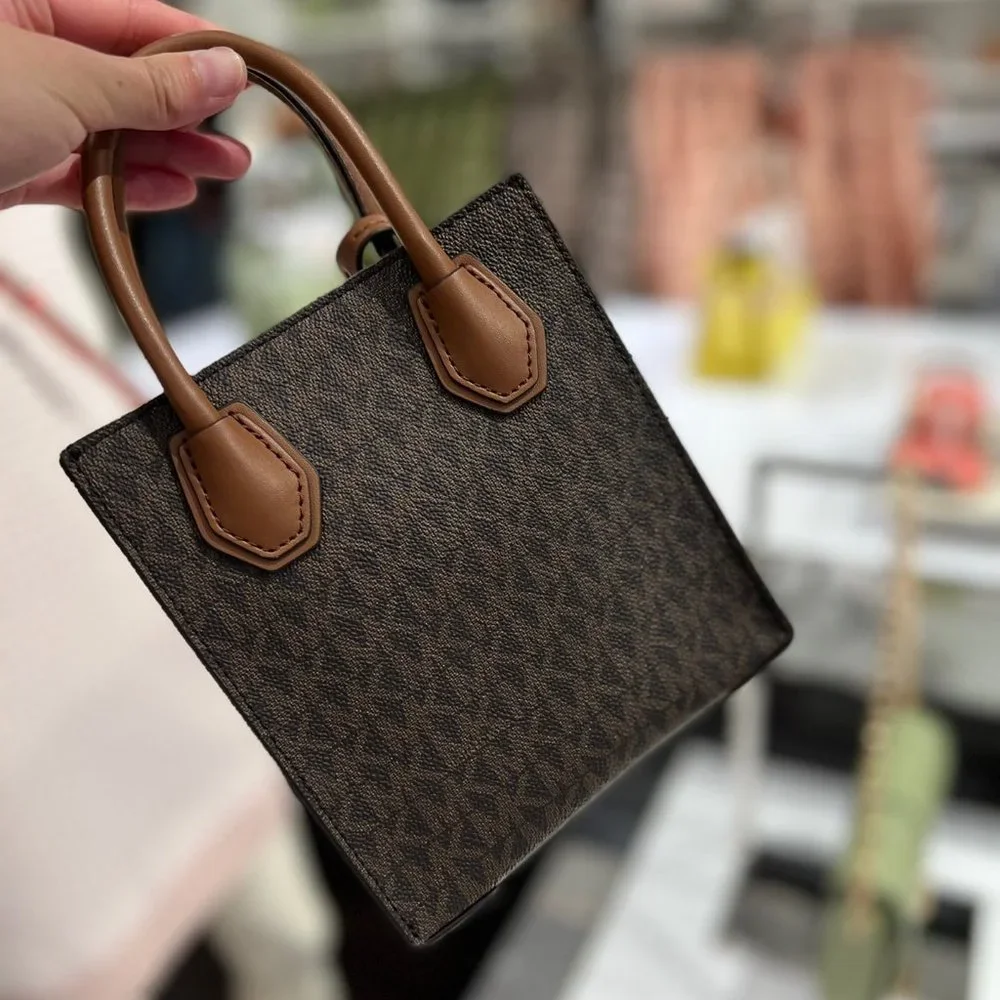 MICHAEL KORS MERCER XS NS SHOPPER CROSSBODY SATCHEL BAG SIGNATURE LOGO MK BROWN - Picture 4 of 8
